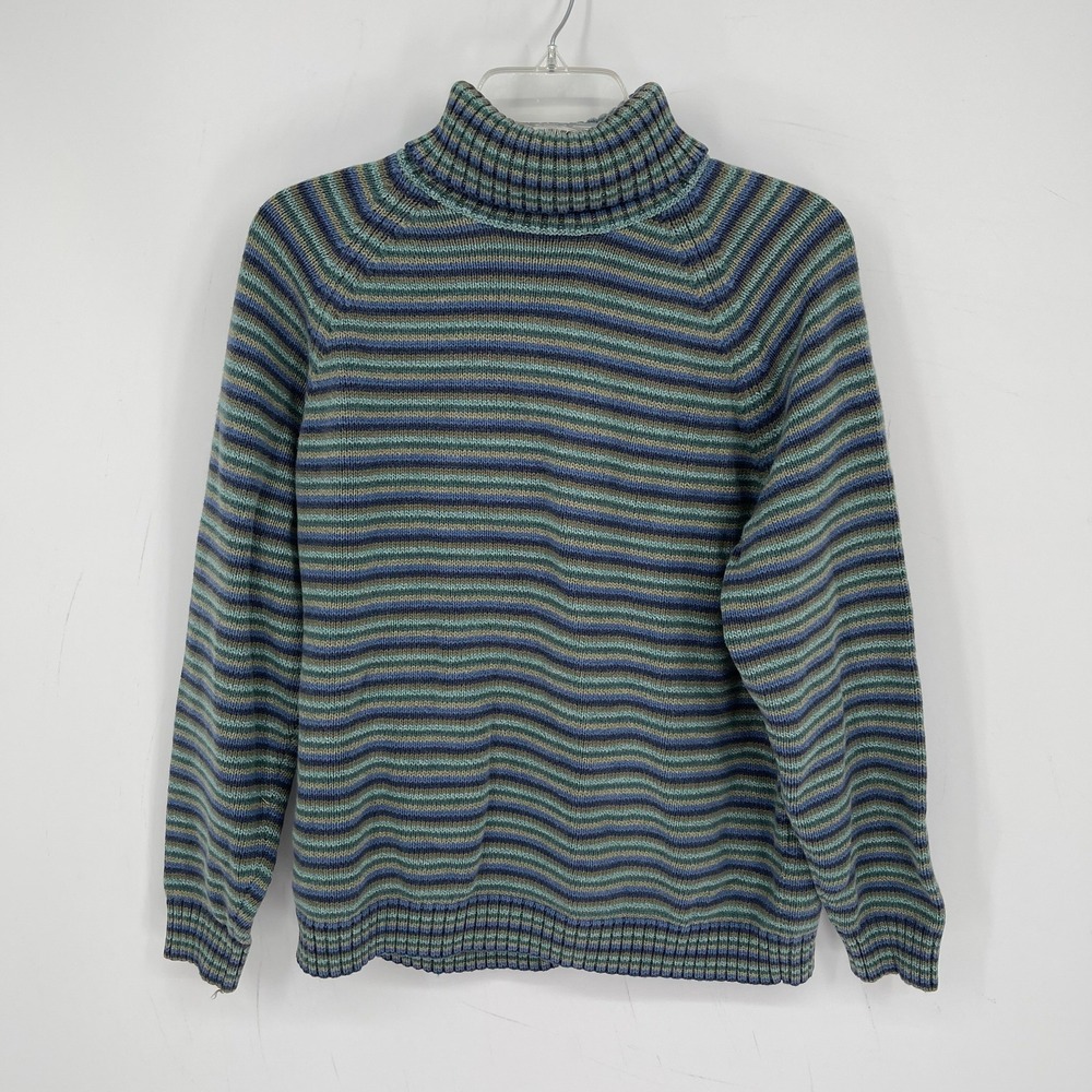 Vintage Lands' End Women's Blue Striped Turtleneck Cotton Sweater Size XL 18-20